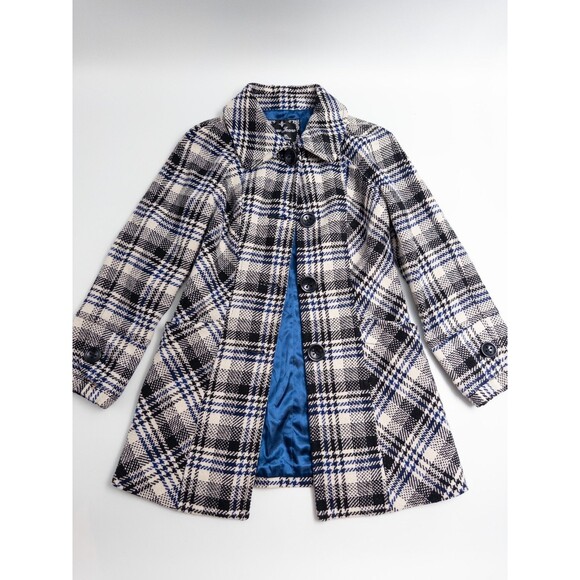 Guess Jeans Coat Womens XS Plaid Black White Button Up Peacoat Wool Polyester - Picture 1 of 9